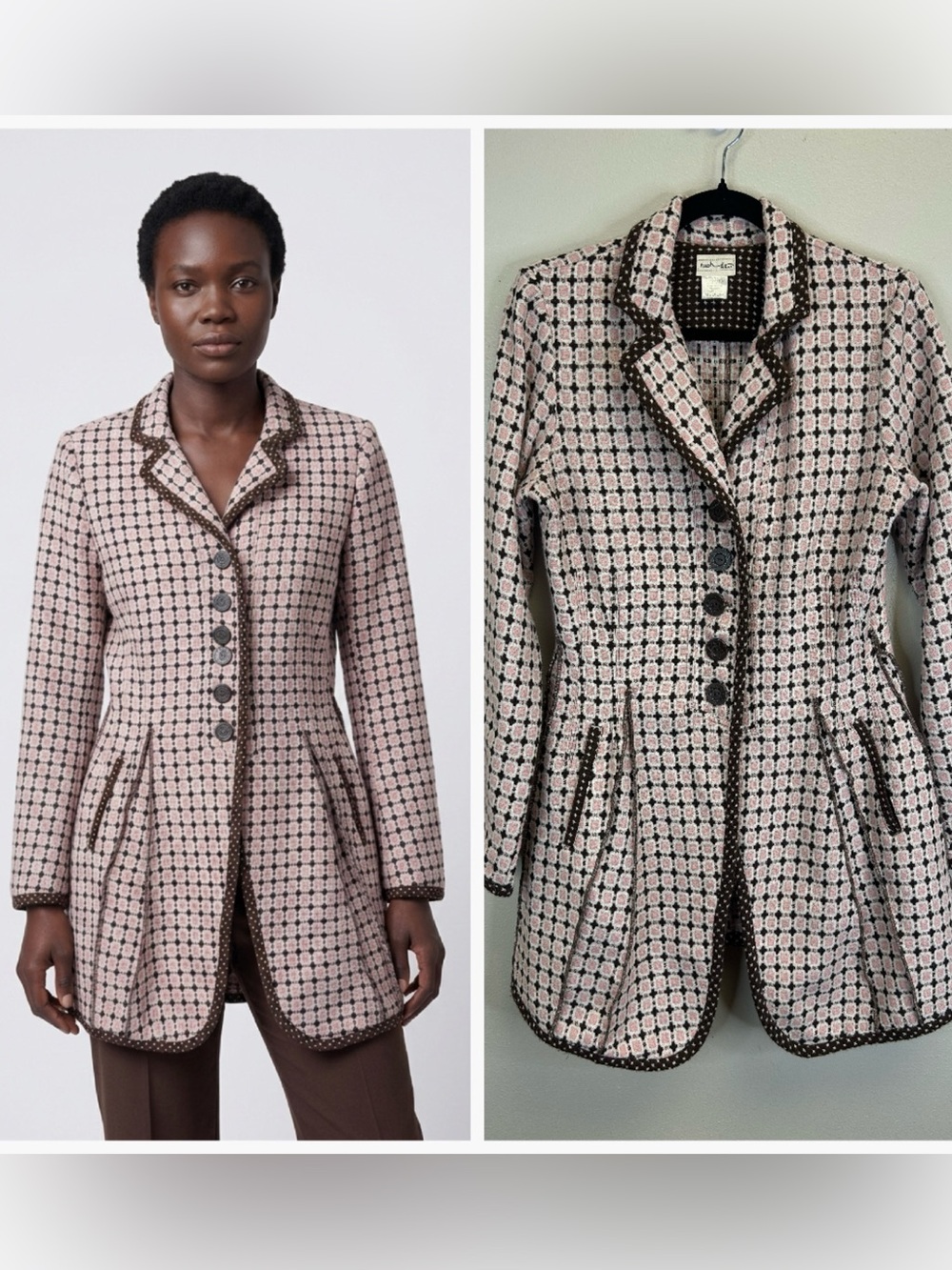 Anthropologie Neesh Patterned Tweed Jacket Size M Pink‎ Brown Retro Style Mod